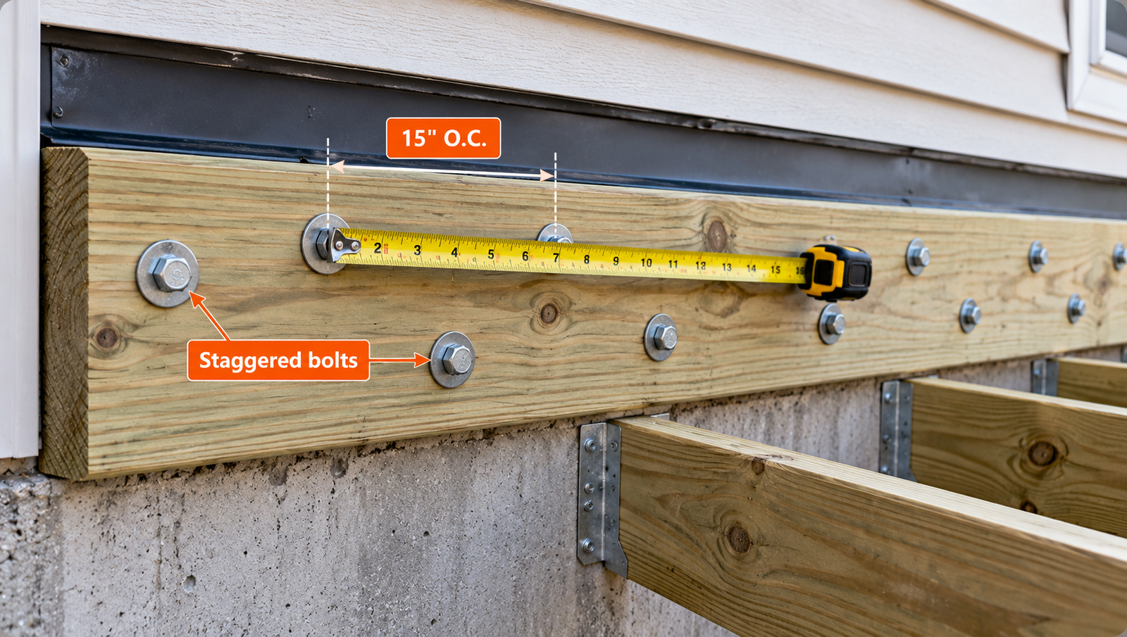 Pressure-treated deck ledger attached to house framing with staggered bolt heads, washers, flashing, joist hangers and a tape measure illustrating fastener spacing.